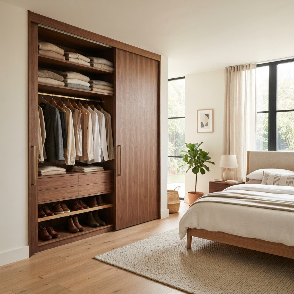 Walnut sliding-door wardrobe in a bright modern bedroom